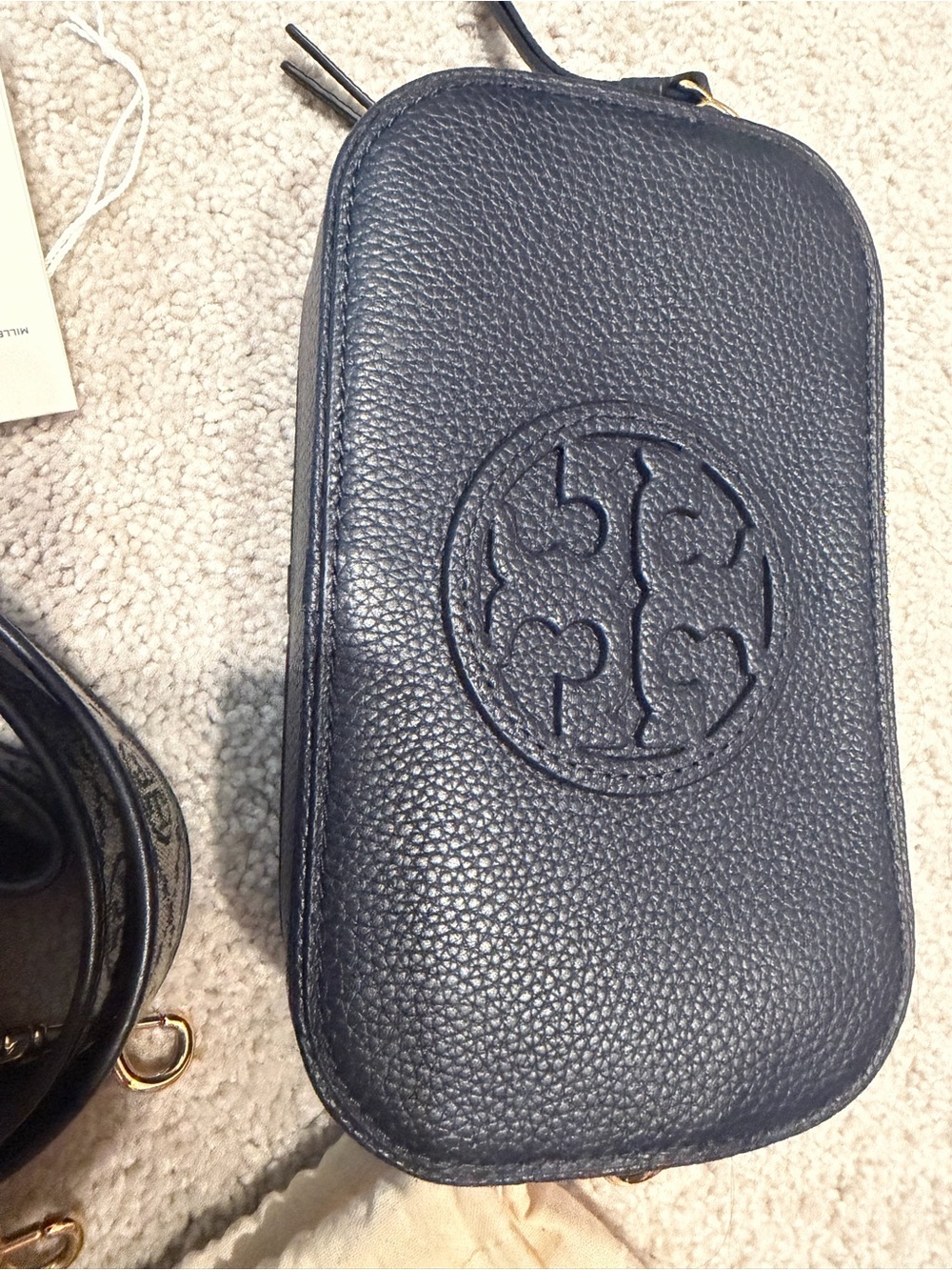 Tory Burch Dark Navy Pebbled Leather Logo Crossbody Bag